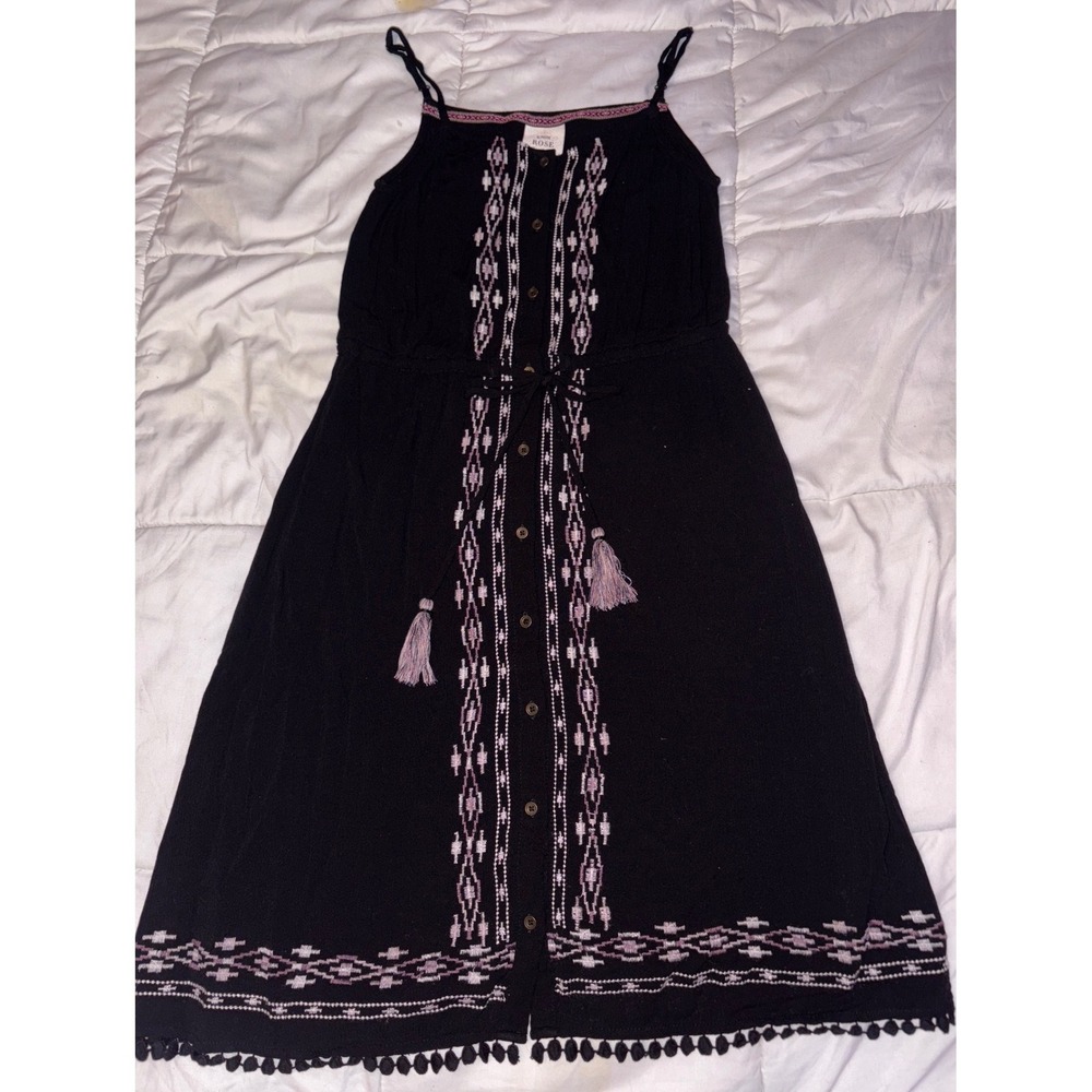 Knox Rose Black Boho Embroidered Mini Dress Tassel Tie Flowy, XS